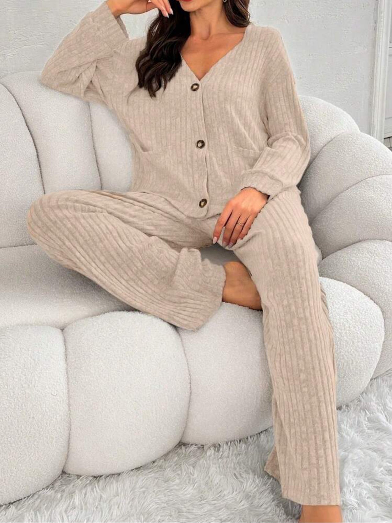 2 Piece Long Sleeve and Pants Ribbed Lounge Set