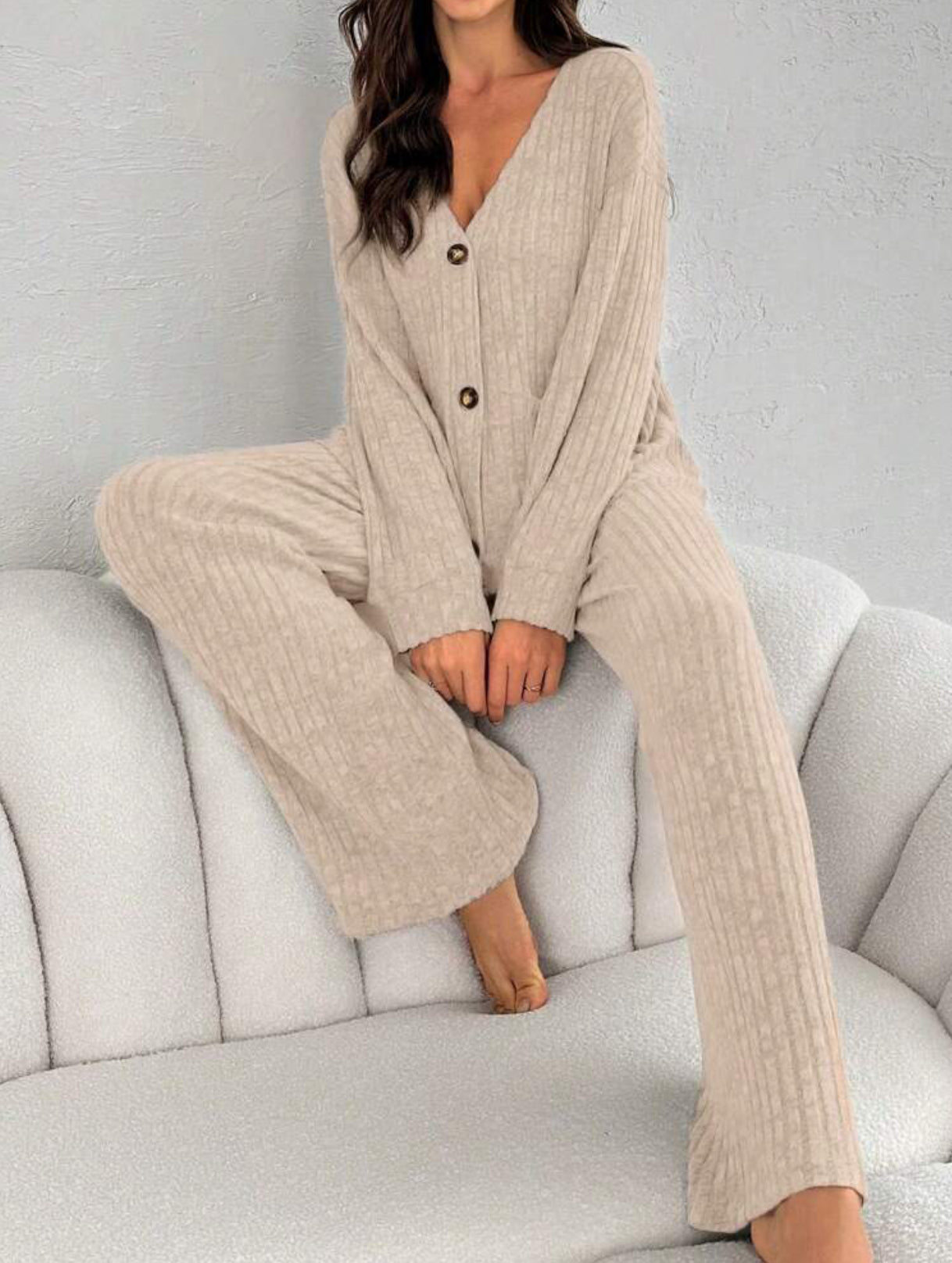 2 Piece Long Sleeve and Pants Ribbed Lounge Set