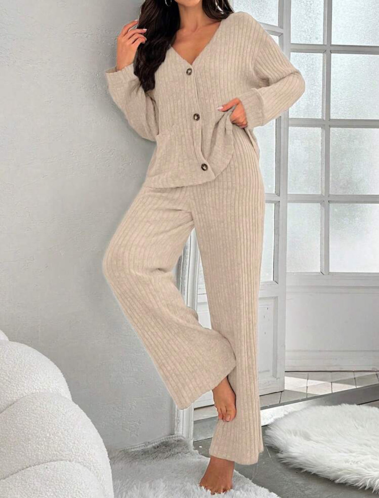 2 Piece Long Sleeve and Pants Ribbed Lounge Set