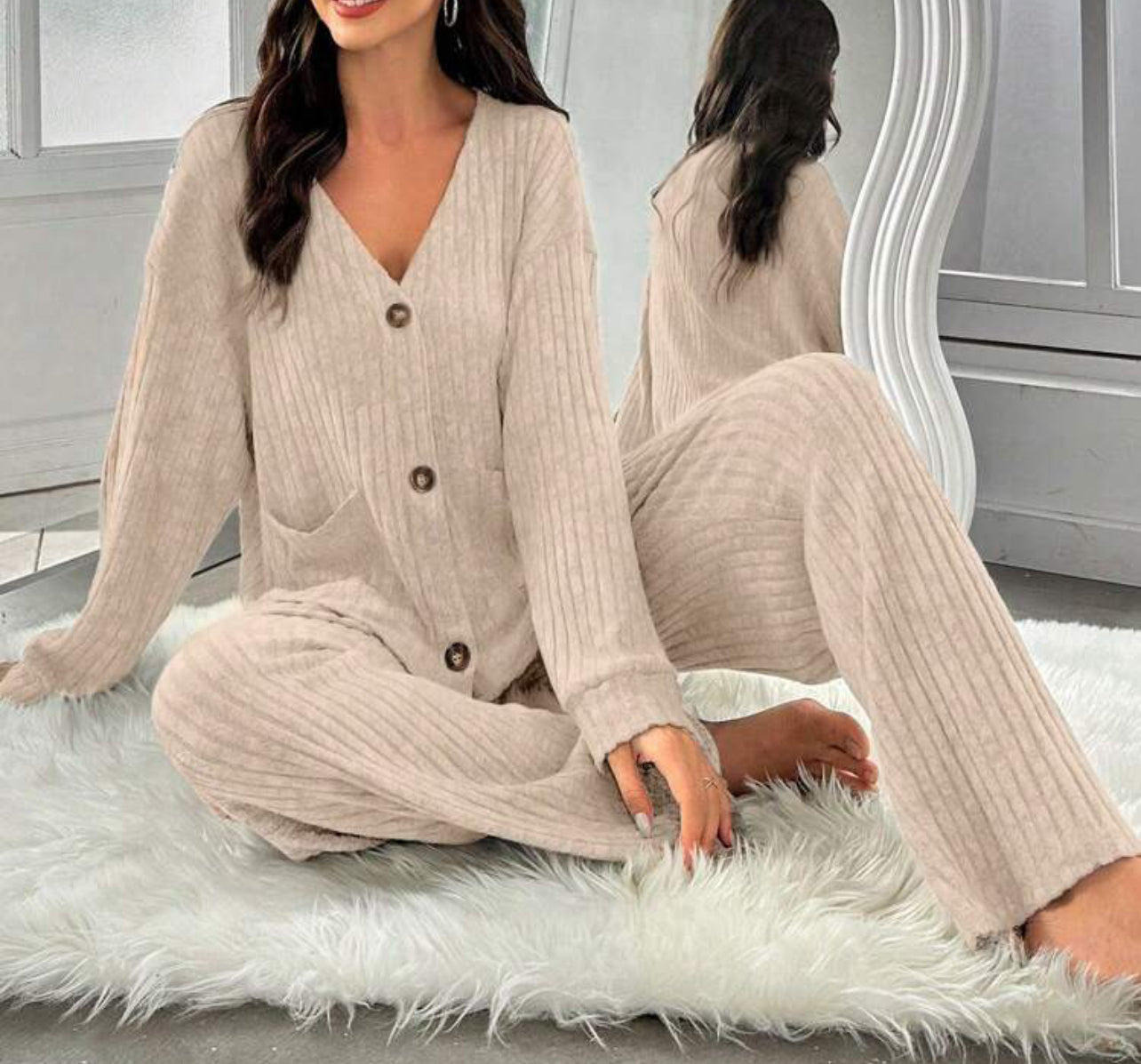 2 Piece Long Sleeve and Pants Ribbed Lounge Set