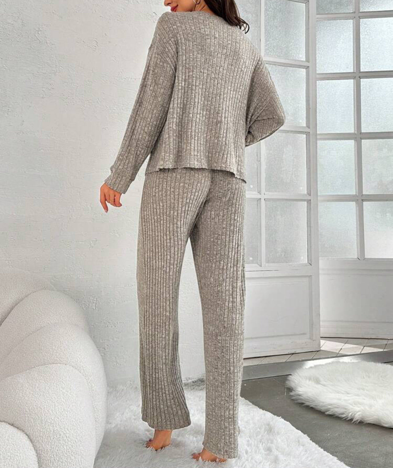 2 Piece Long Sleeve and Pants Ribbed Lounge Set