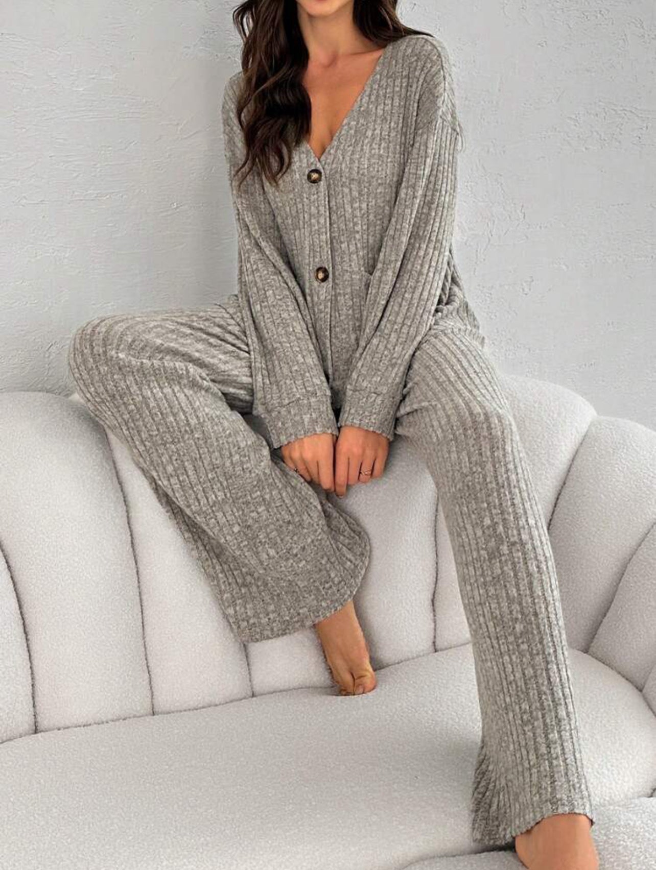 2 Piece Long Sleeve and Pants Ribbed Lounge Set