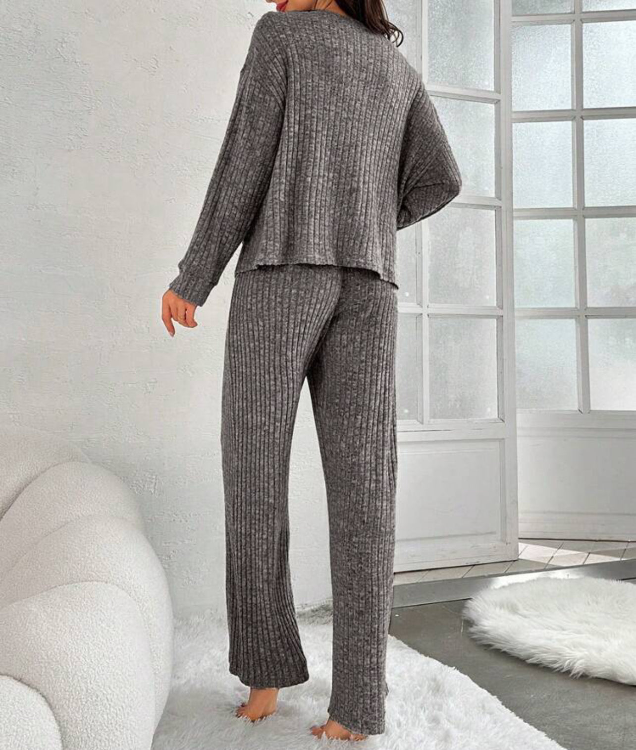 2 Piece Long Sleeve and Pants Ribbed Lounge Set