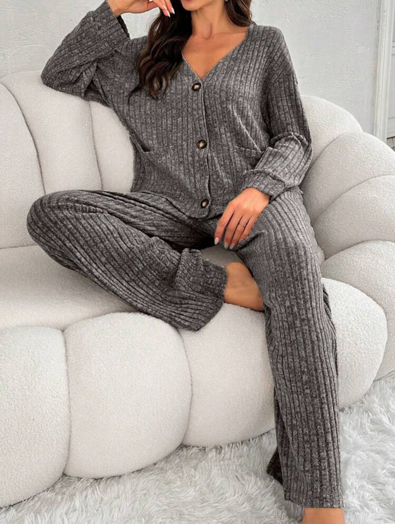 2 Piece Long Sleeve and Pants Ribbed Lounge Set