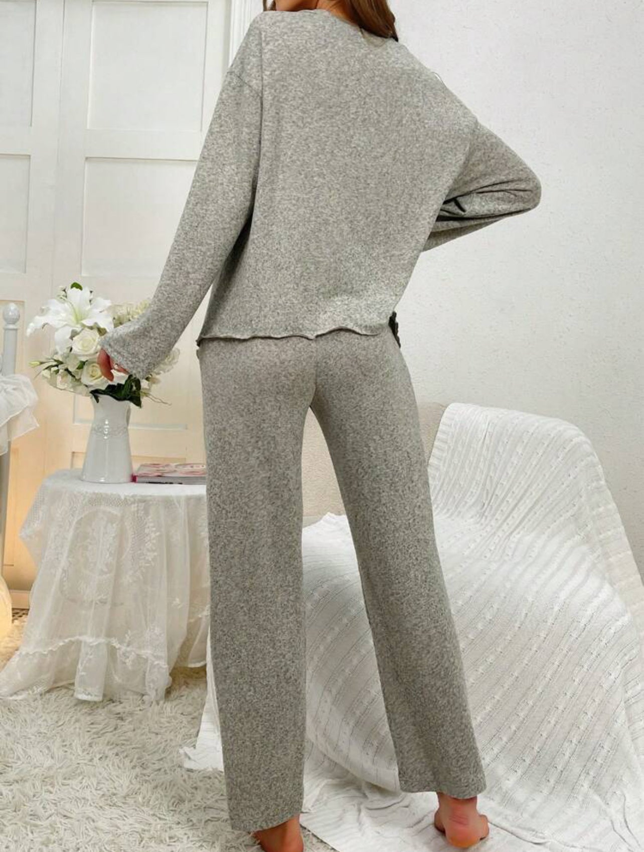 Long Sleeve Buttoned Top and Wide Leg Pants Lounge Set