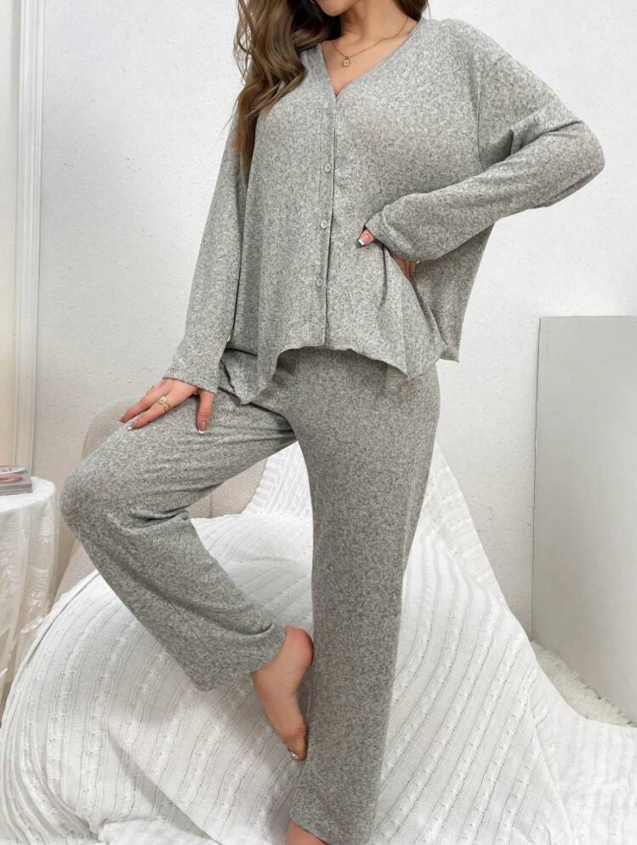 Long Sleeve Buttoned Top and Wide Leg Pants Lounge Set