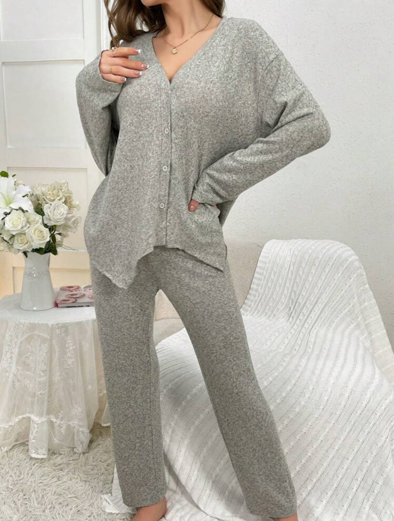 Long Sleeve Buttoned Top and Wide Leg Pants Lounge Set