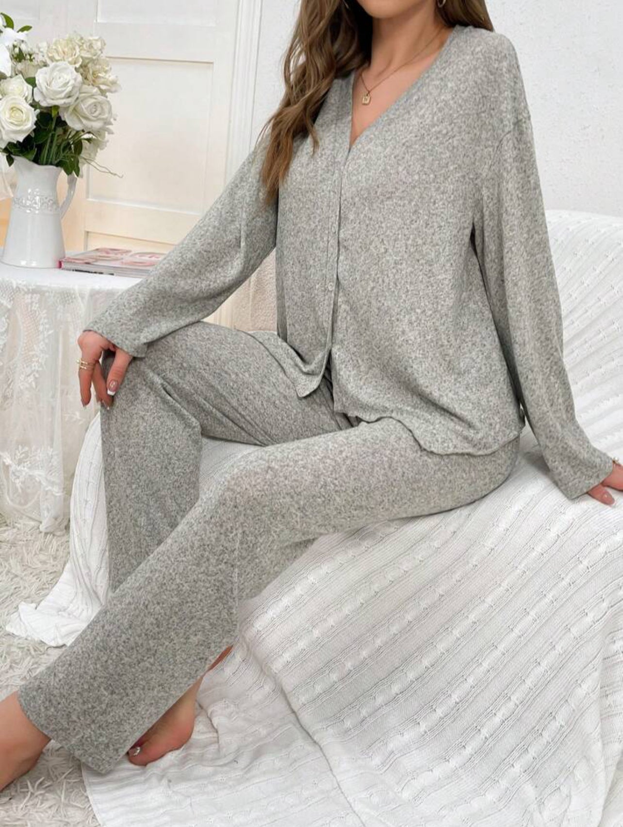 Long Sleeve Buttoned Top and Wide Leg Pants Lounge Set