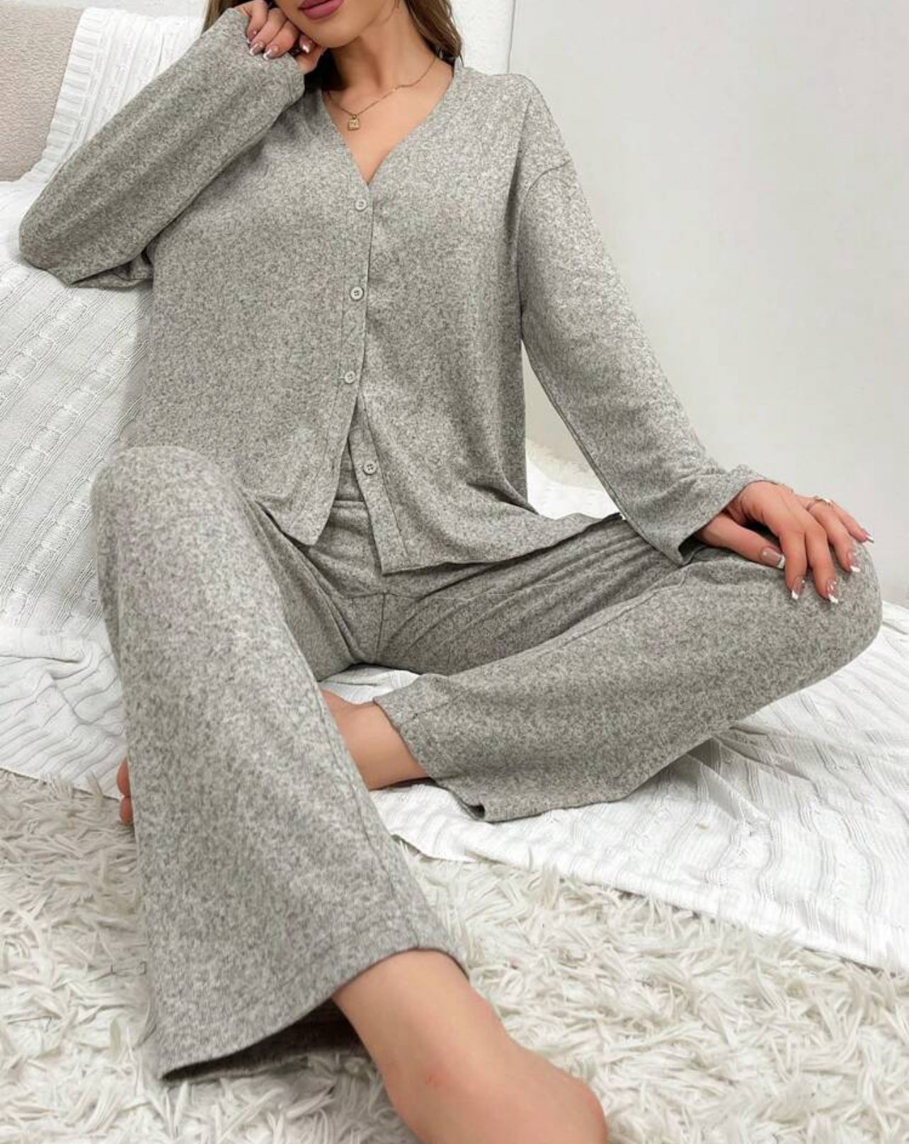 Long Sleeve Buttoned Top and Wide Leg Pants Lounge Set