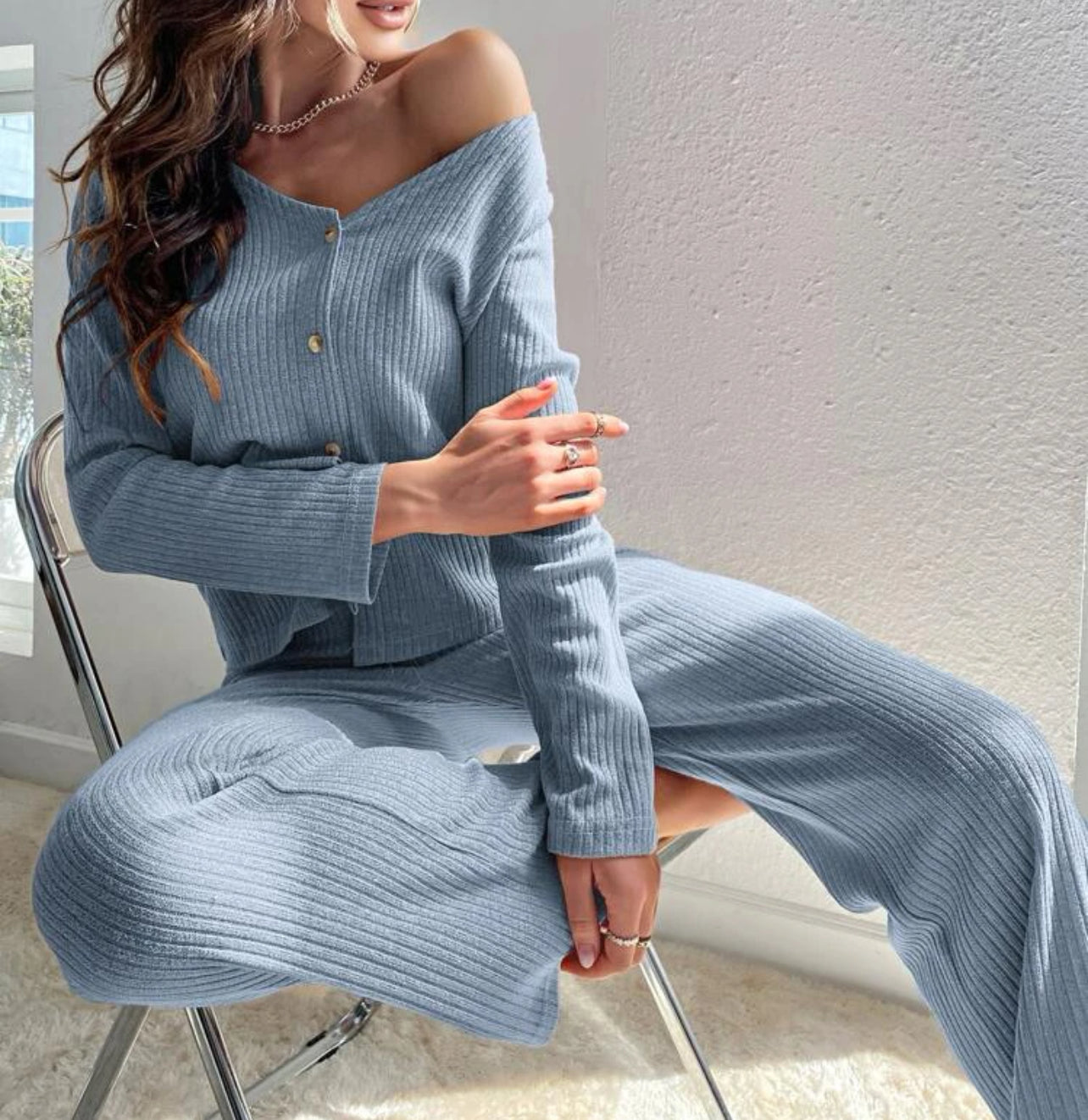 2 Piece Long Sleeve and Wide Pants Lounge Set