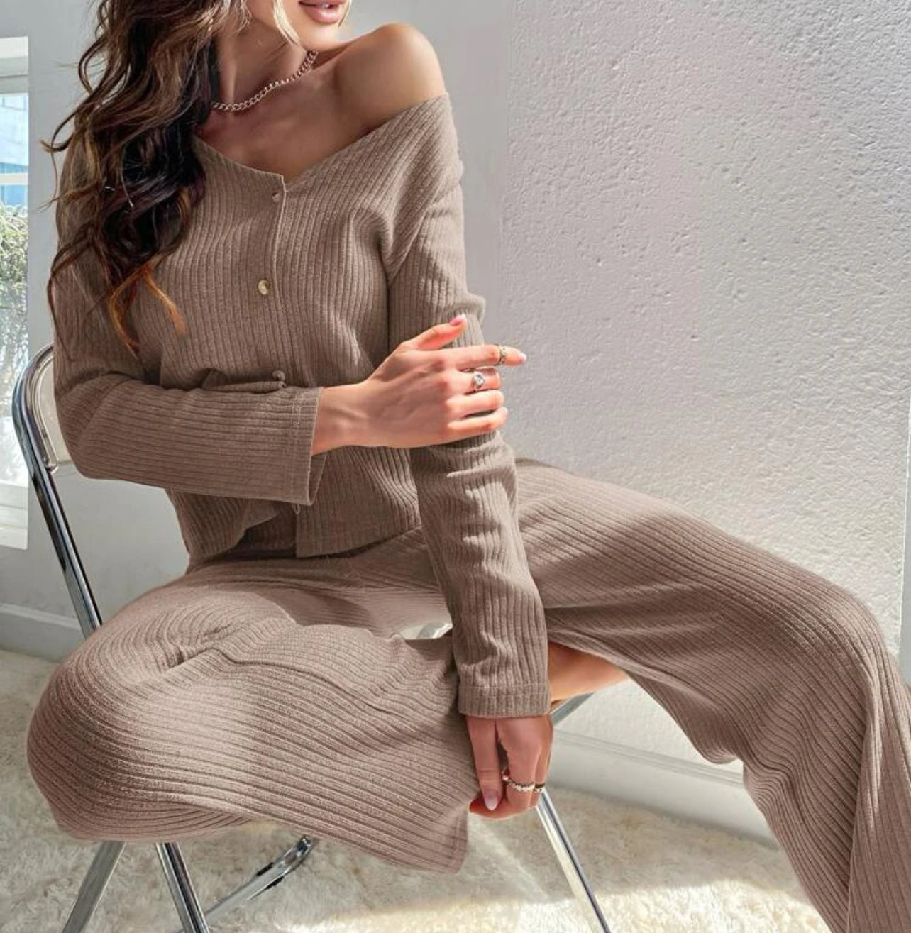 2 Piece Long Sleeve and Wide Pants Lounge Set