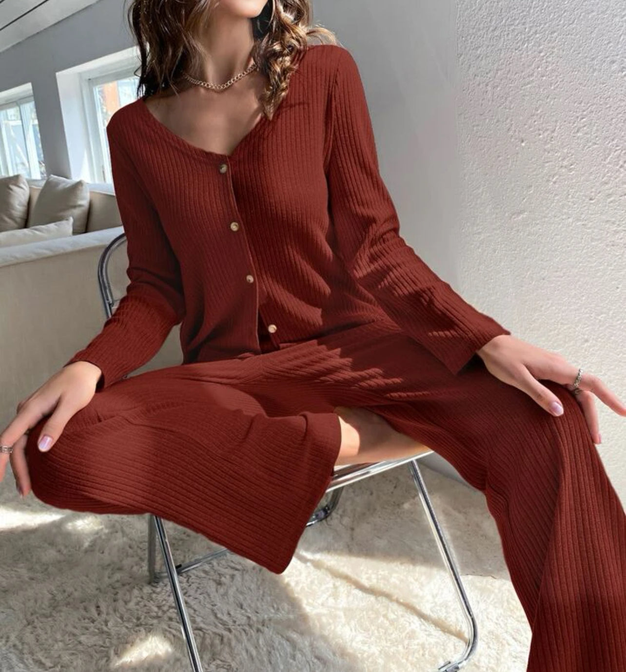 2 Piece Long Sleeve and Wide Pants Lounge Set