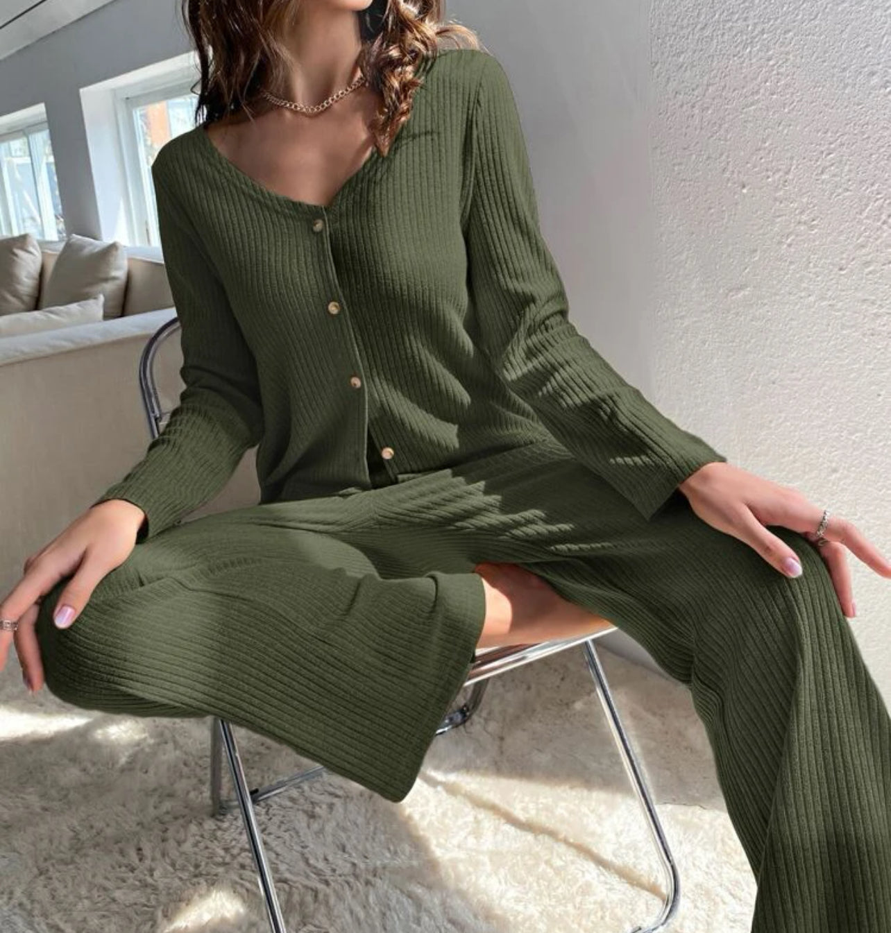 2 Piece Long Sleeve and Wide Pants Lounge Set