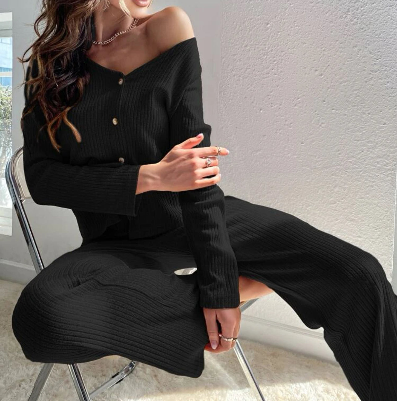 2 Piece Long Sleeve and Wide Pants Lounge Set