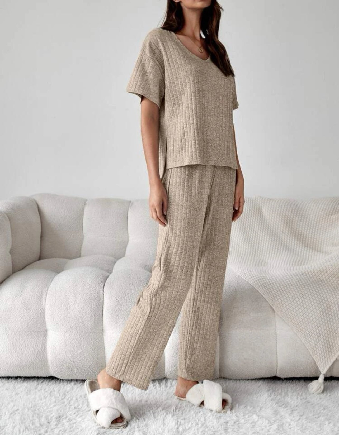 2 Piece Rib Knit Lounge Set with V-Neck Short Sleeve Top and Long Pants