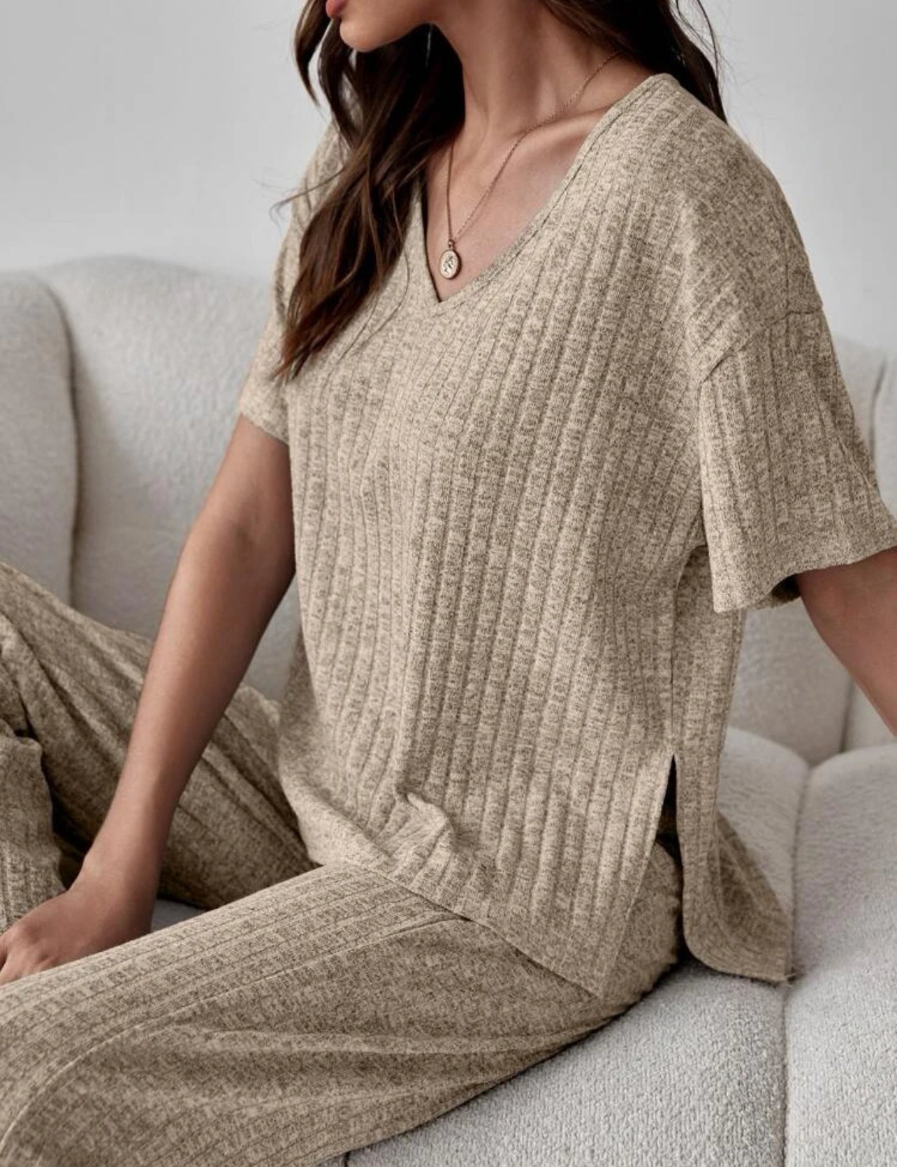 2 Piece Rib Knit Lounge Set with V-Neck Short Sleeve Top and Long Pants