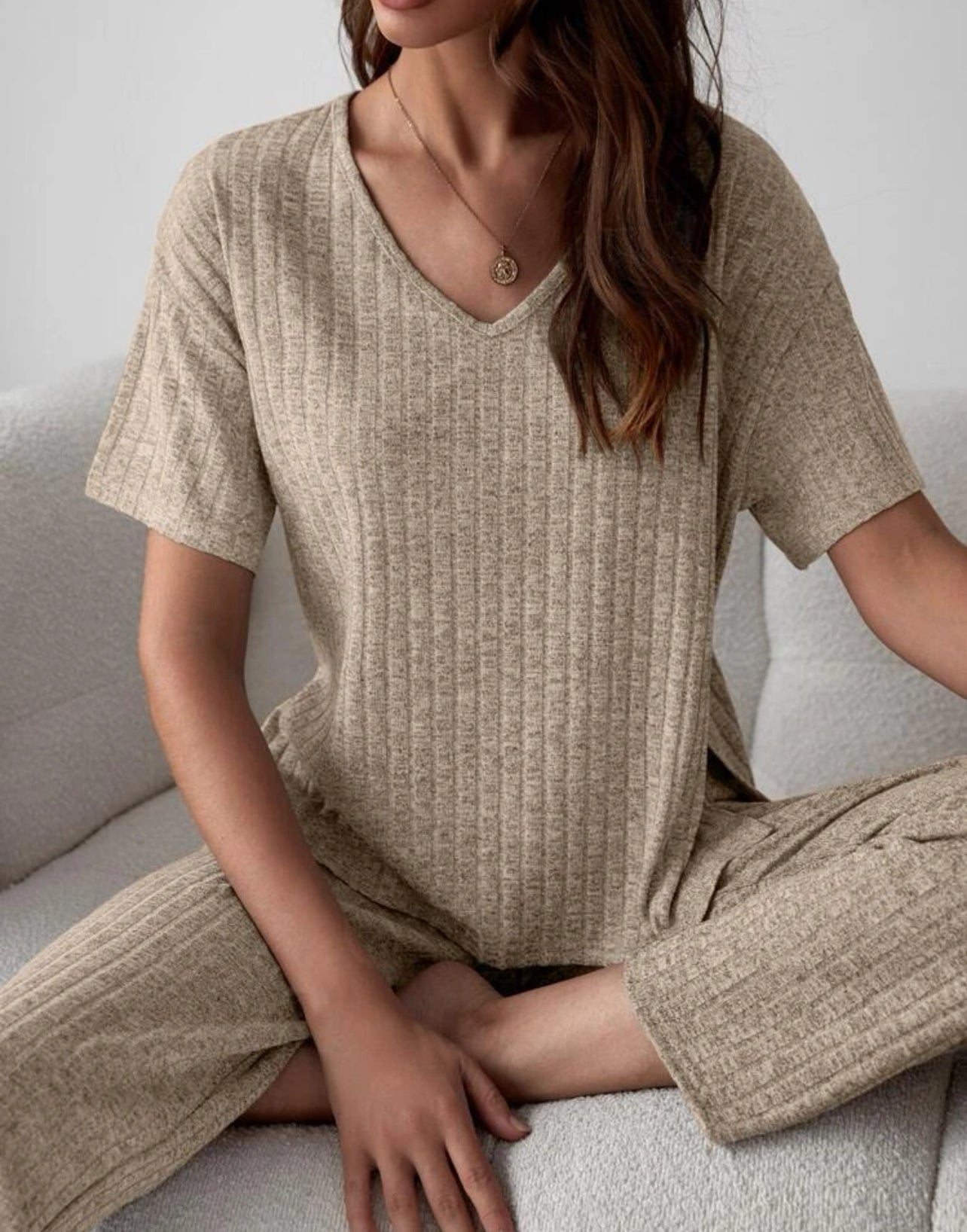 2 Piece Rib Knit Lounge Set with V-Neck Short Sleeve Top and Long Pants