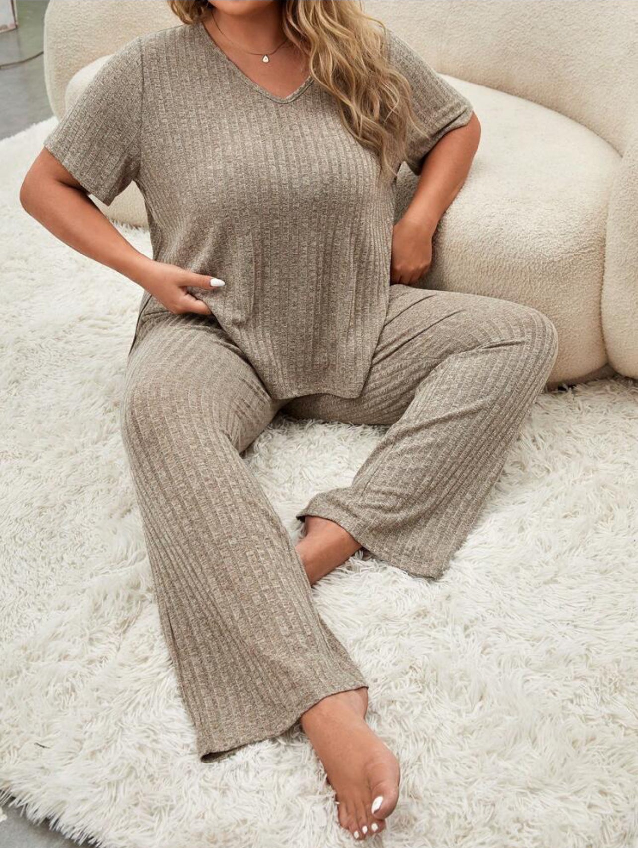 2 Piece Rib Knit Lounge Set with V-Neck Short Sleeve Top and Long Pants