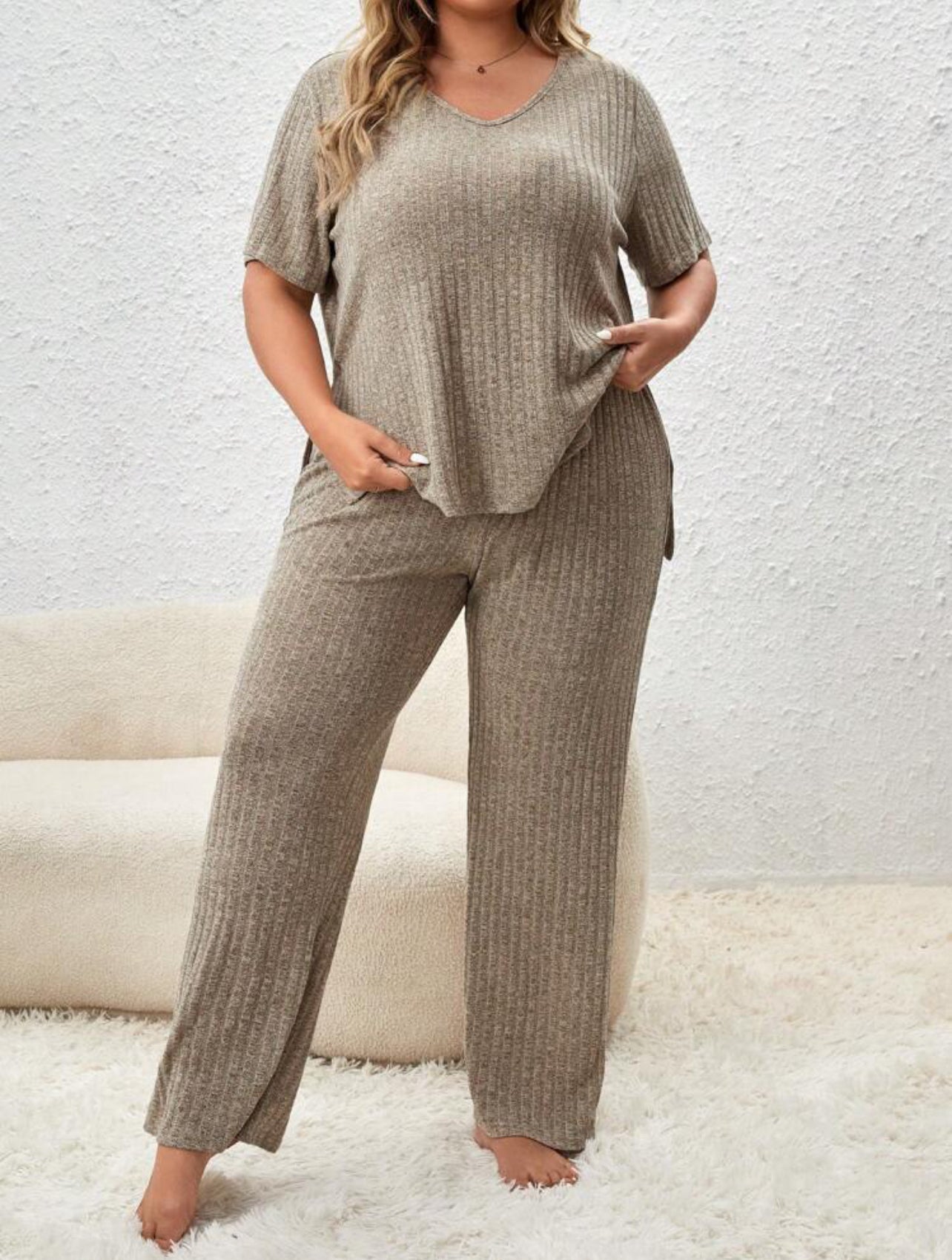 2 Piece Rib Knit Lounge Set with V-Neck Short Sleeve Top and Long Pants