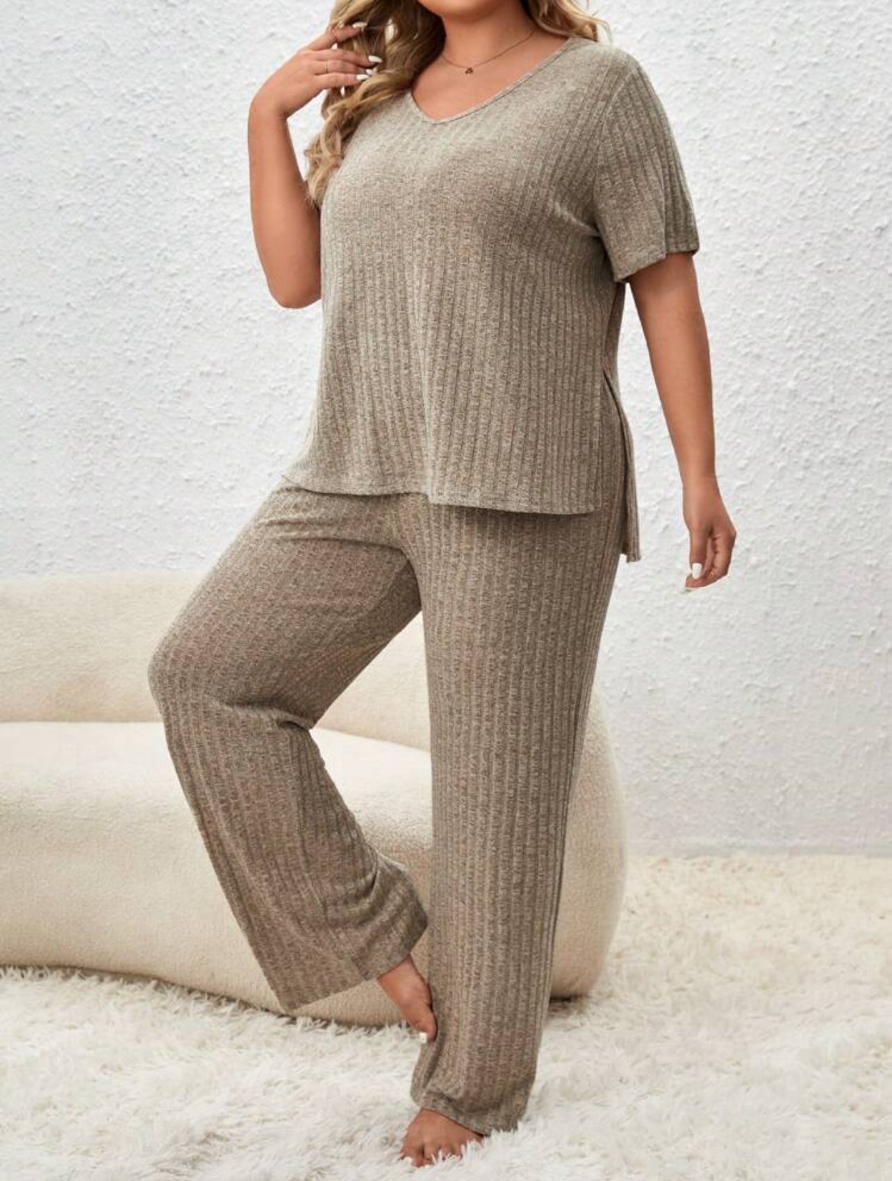 2 Piece Rib Knit Lounge Set with V-Neck Short Sleeve Top and Long Pants