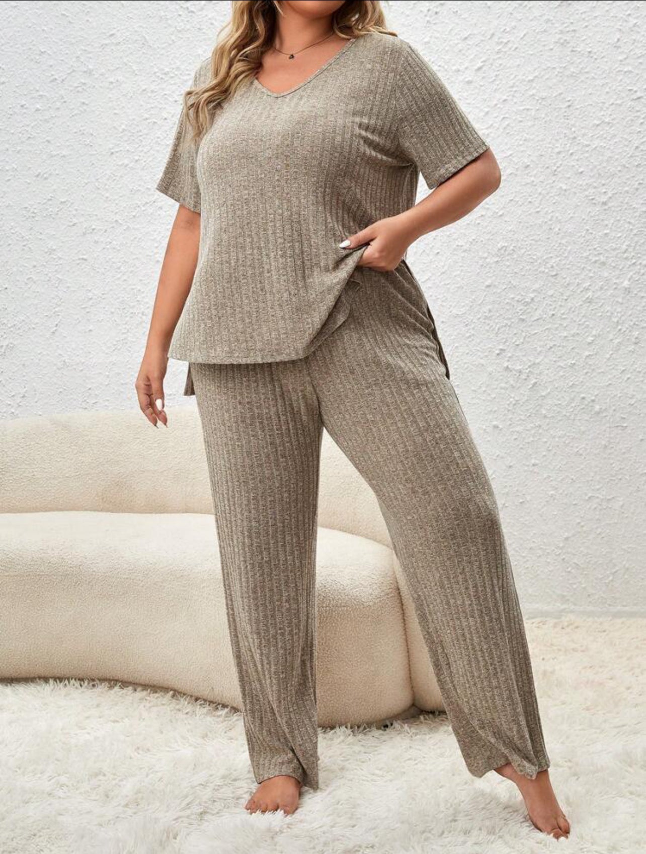 2 Piece Rib Knit Lounge Set with V-Neck Short Sleeve Top and Long Pants