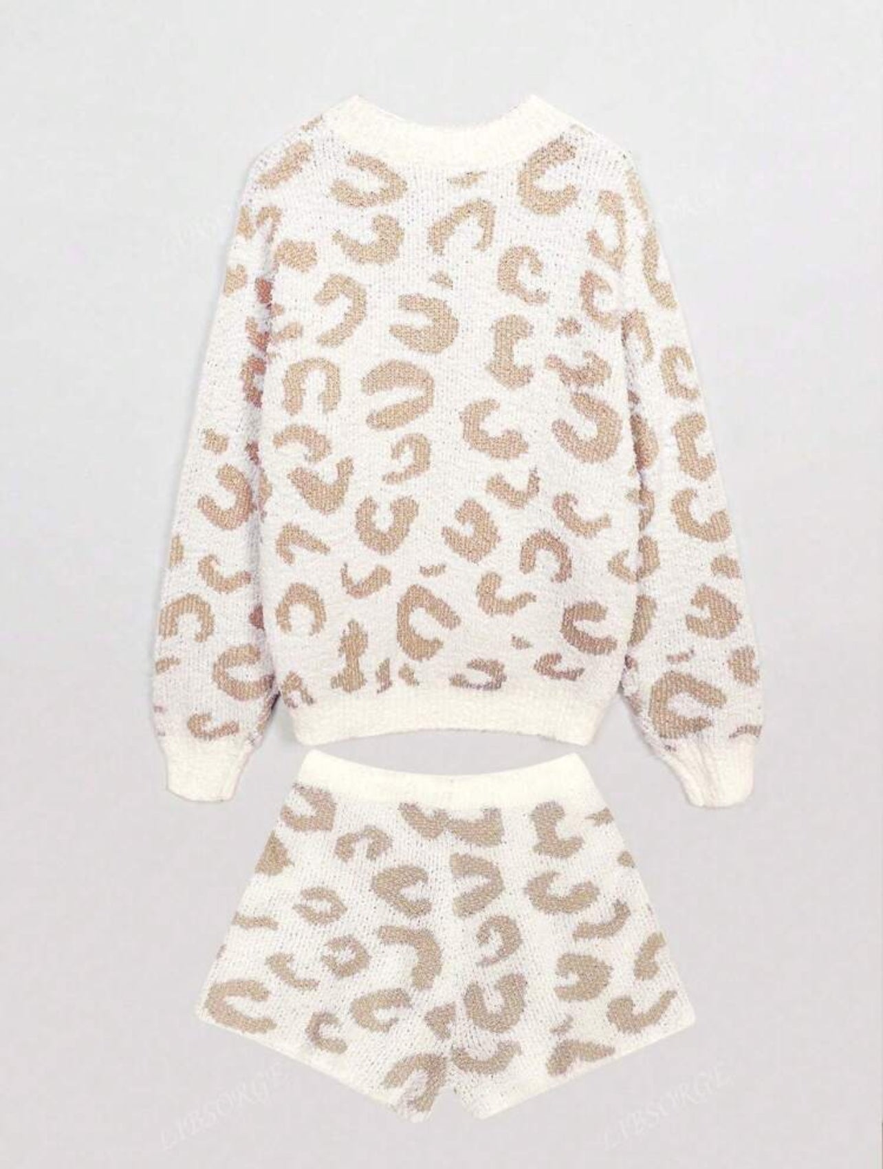 Leopard Print Cozy Plush Lounge Set with Long Sleeve Pullover and Shorts