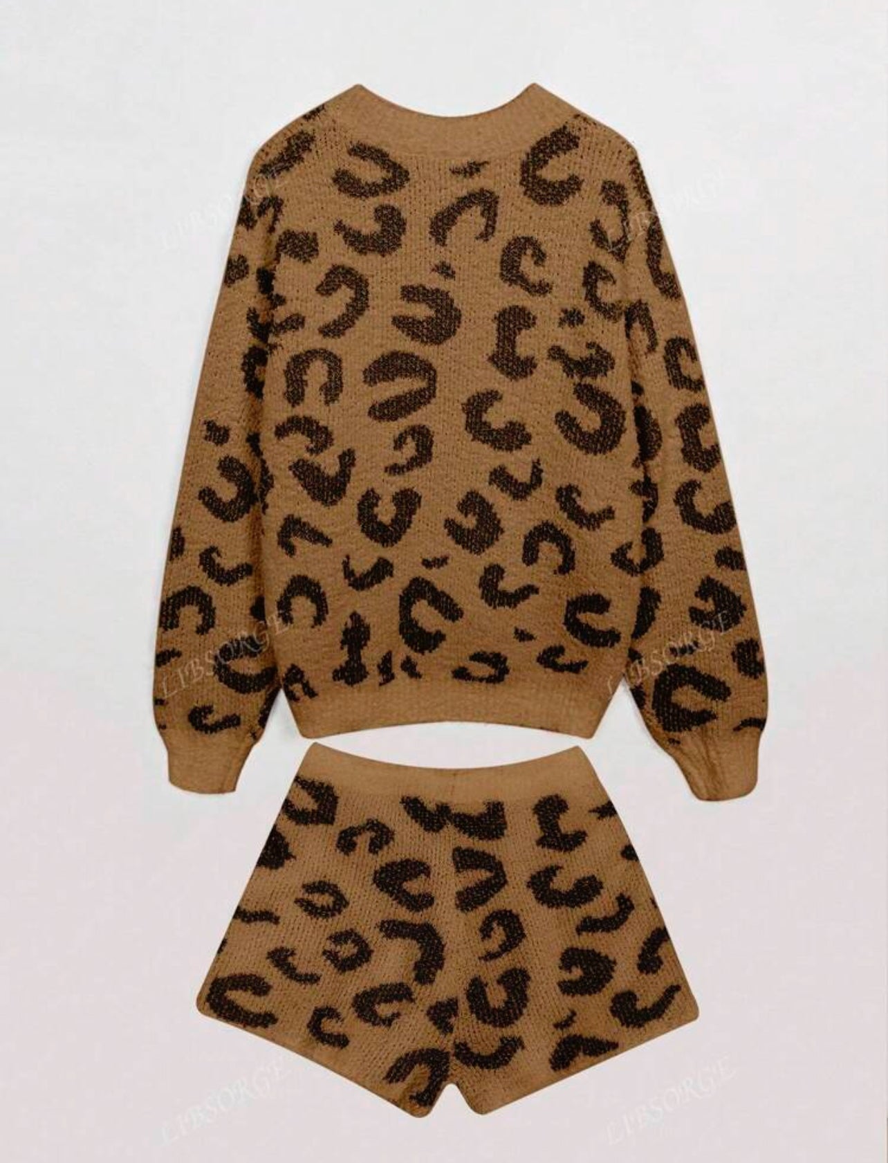 Leopard Print Cozy Plush Lounge Set with Long Sleeve Pullover and Shorts