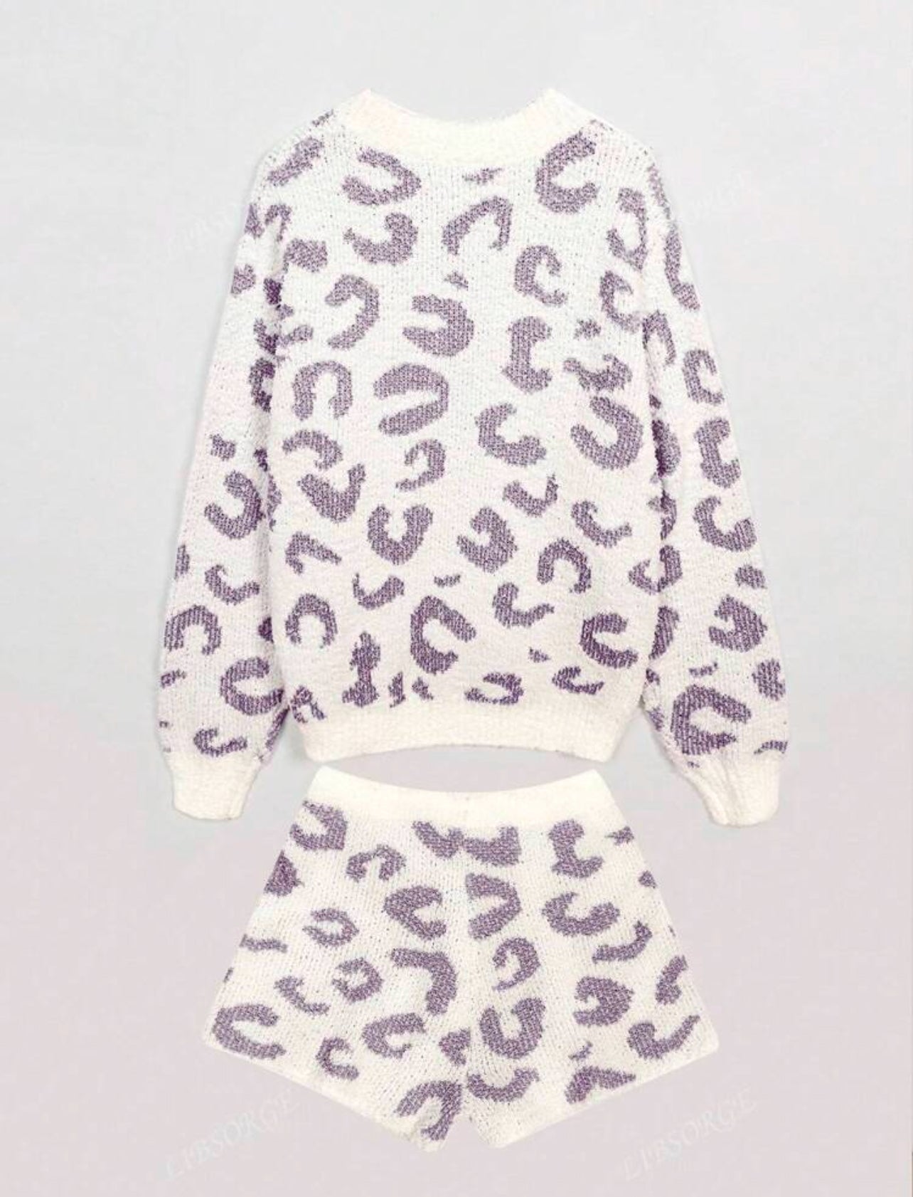 Leopard Print Cozy Plush Lounge Set with Long Sleeve Pullover and Shorts