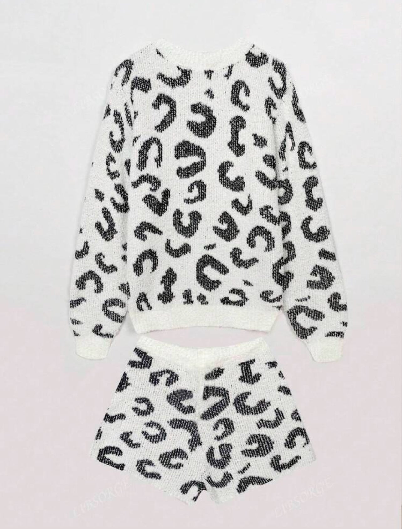 Leopard Print Cozy Plush Lounge Set with Long Sleeve Pullover and Shorts