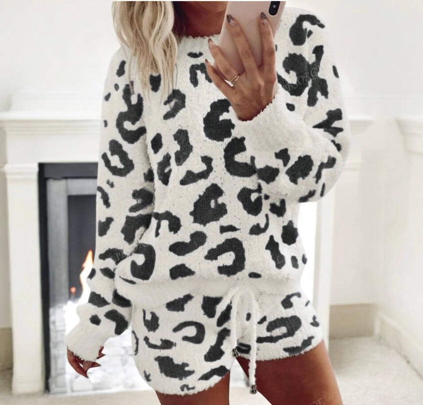 Leopard Print Cozy Plush Lounge Set with Long Sleeve Pullover and Shorts