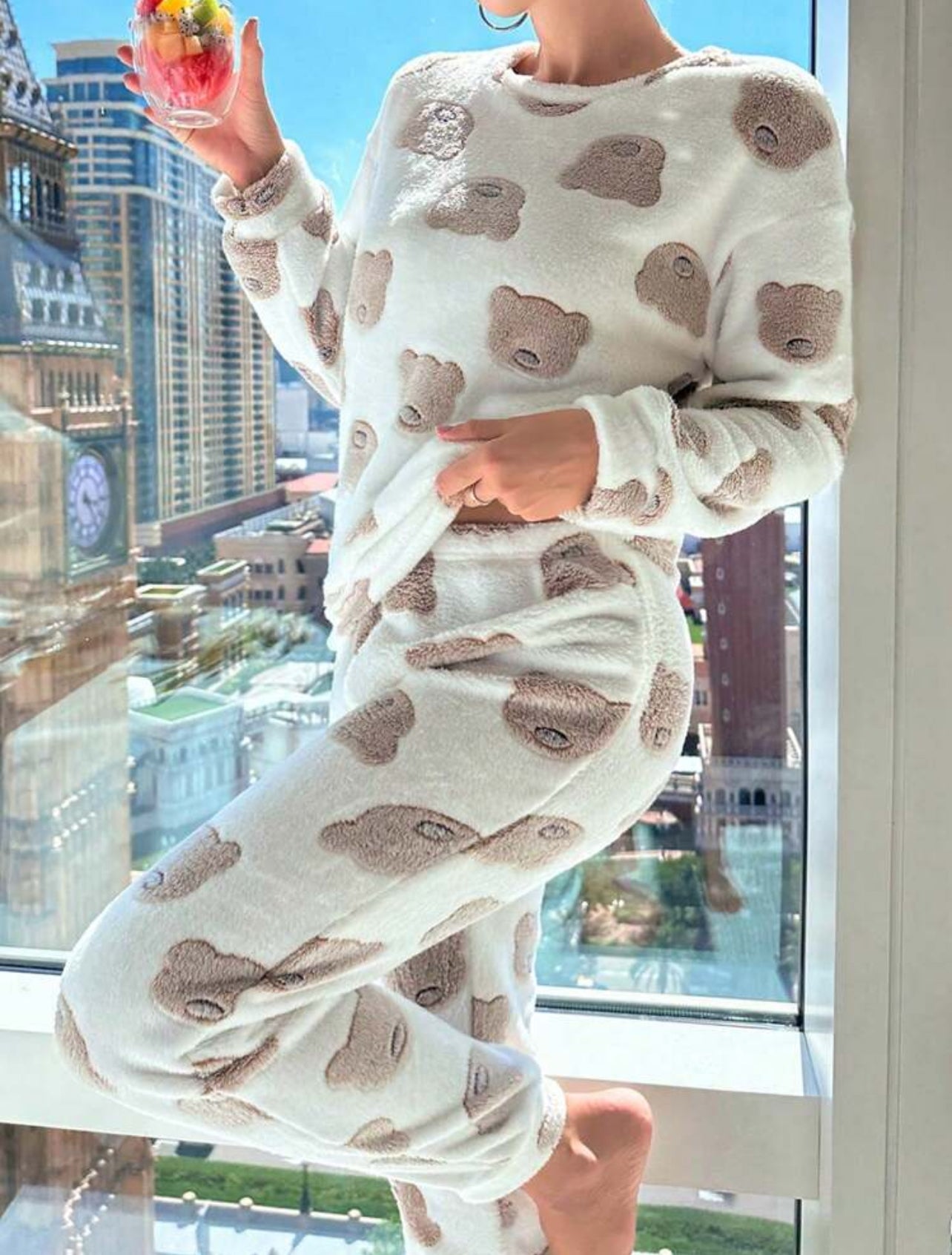 Plush Pajama Set with Cartoon Graphic Bears