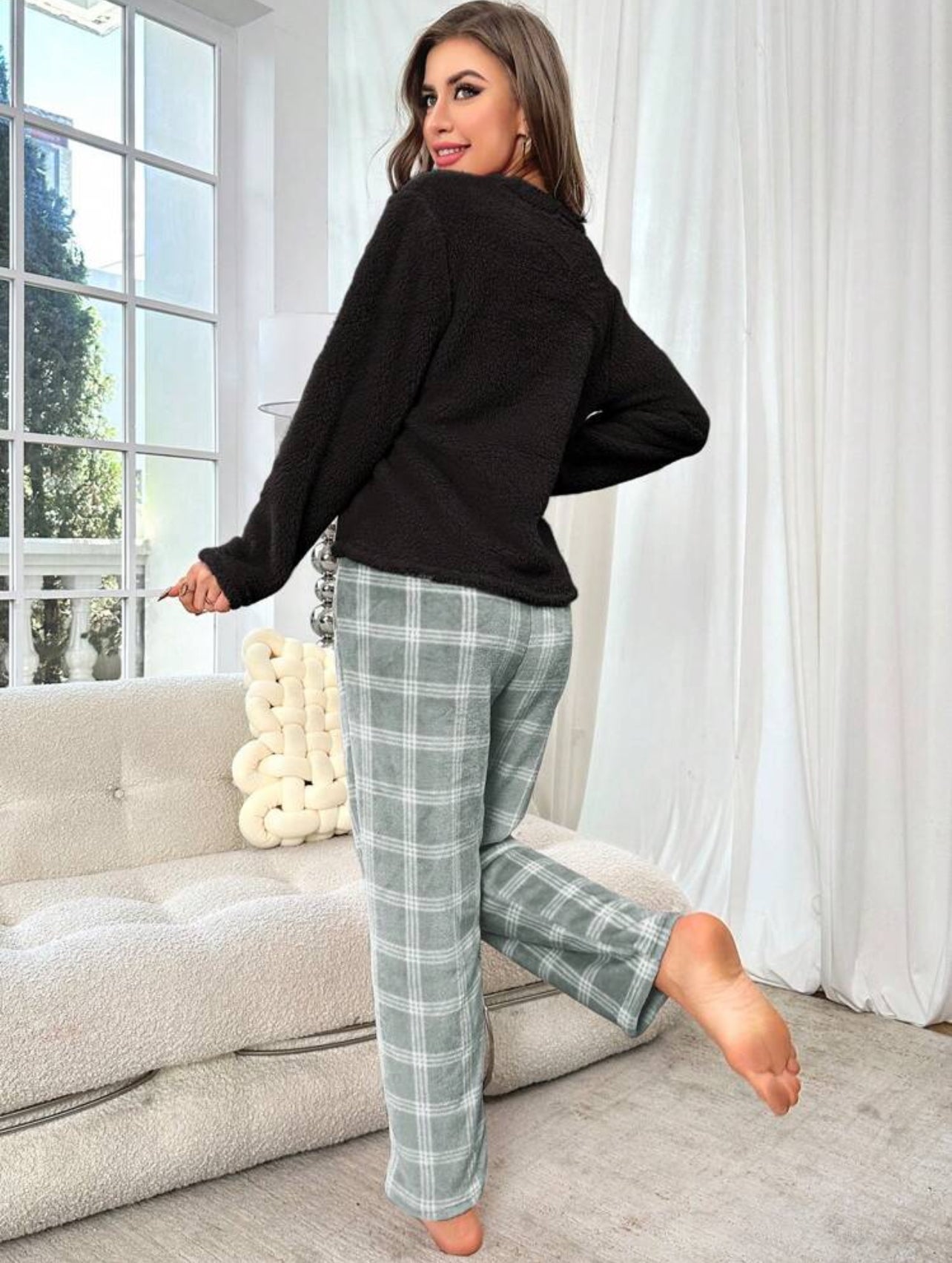 Plush Solid Color Long Sleeve Top and Plaid Pants Pajama Set