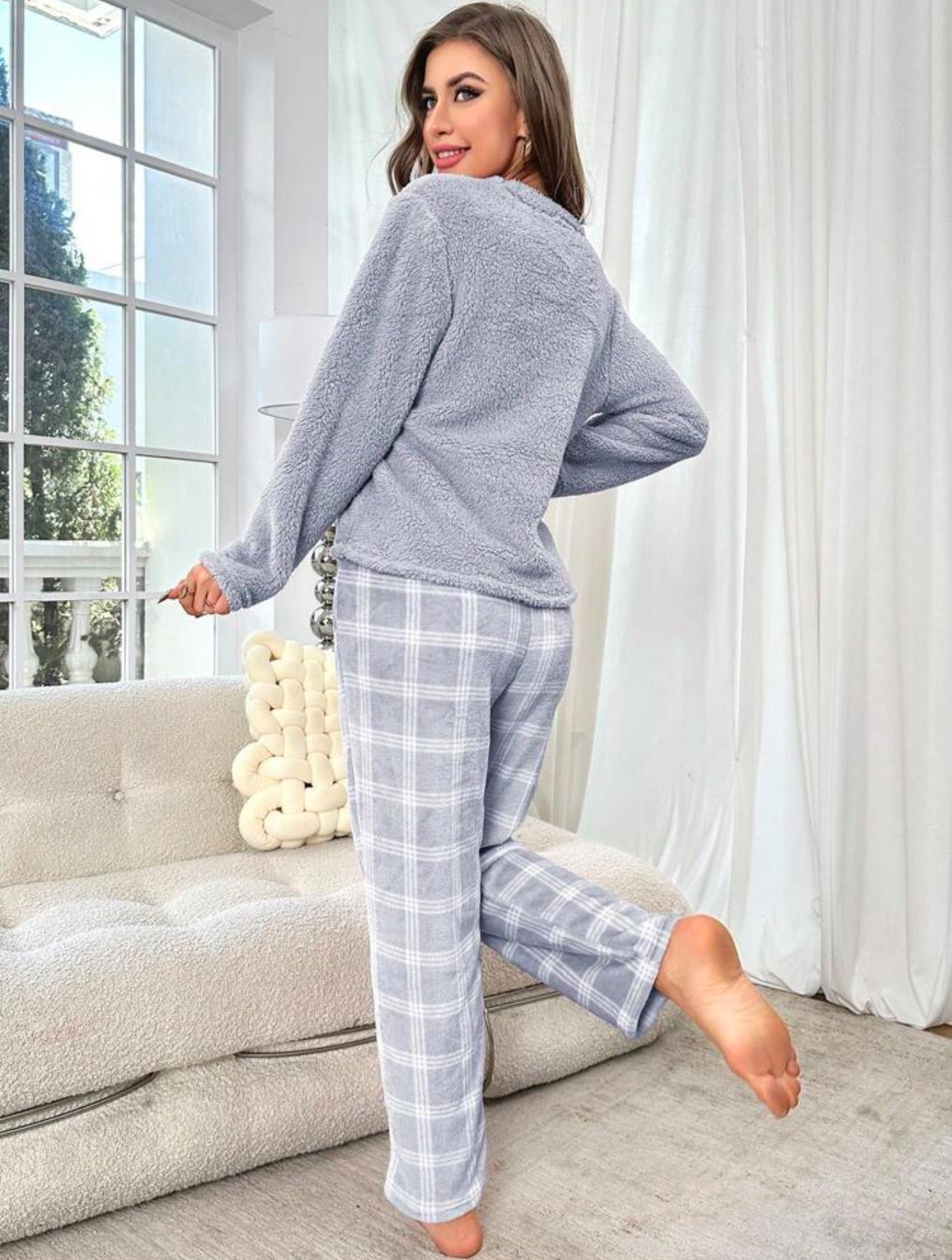 Plush Solid Color Long Sleeve Top and Plaid Pants Pajama Set