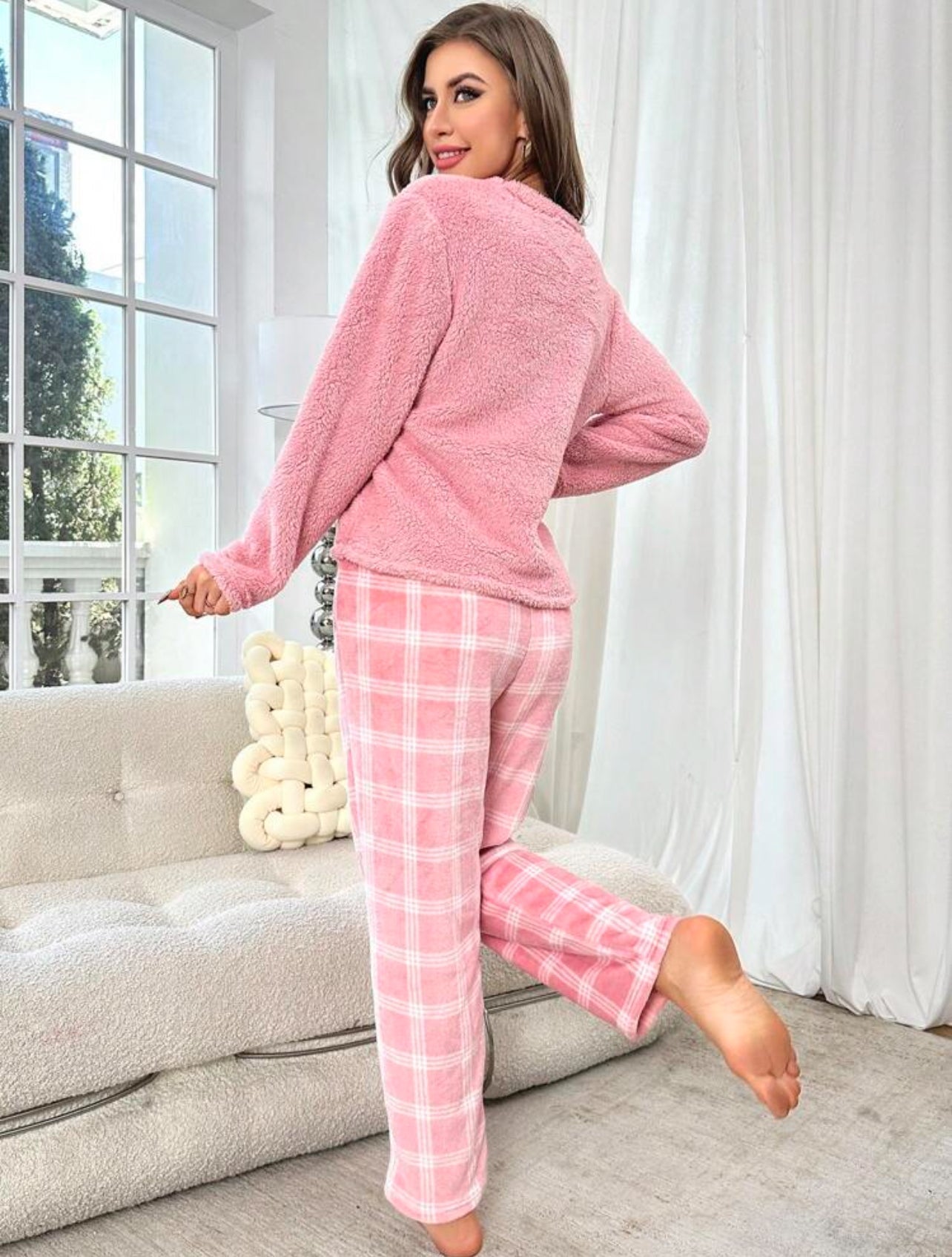 Plush Solid Color Long Sleeve Top and Plaid Pants Pajama Set