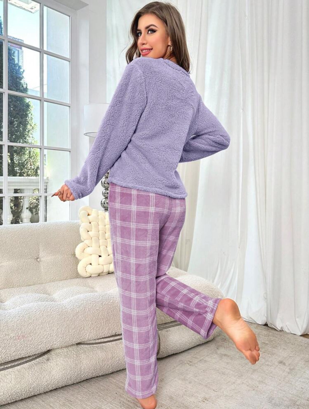 Plush Solid Color Long Sleeve Top and Plaid Pants Pajama Set