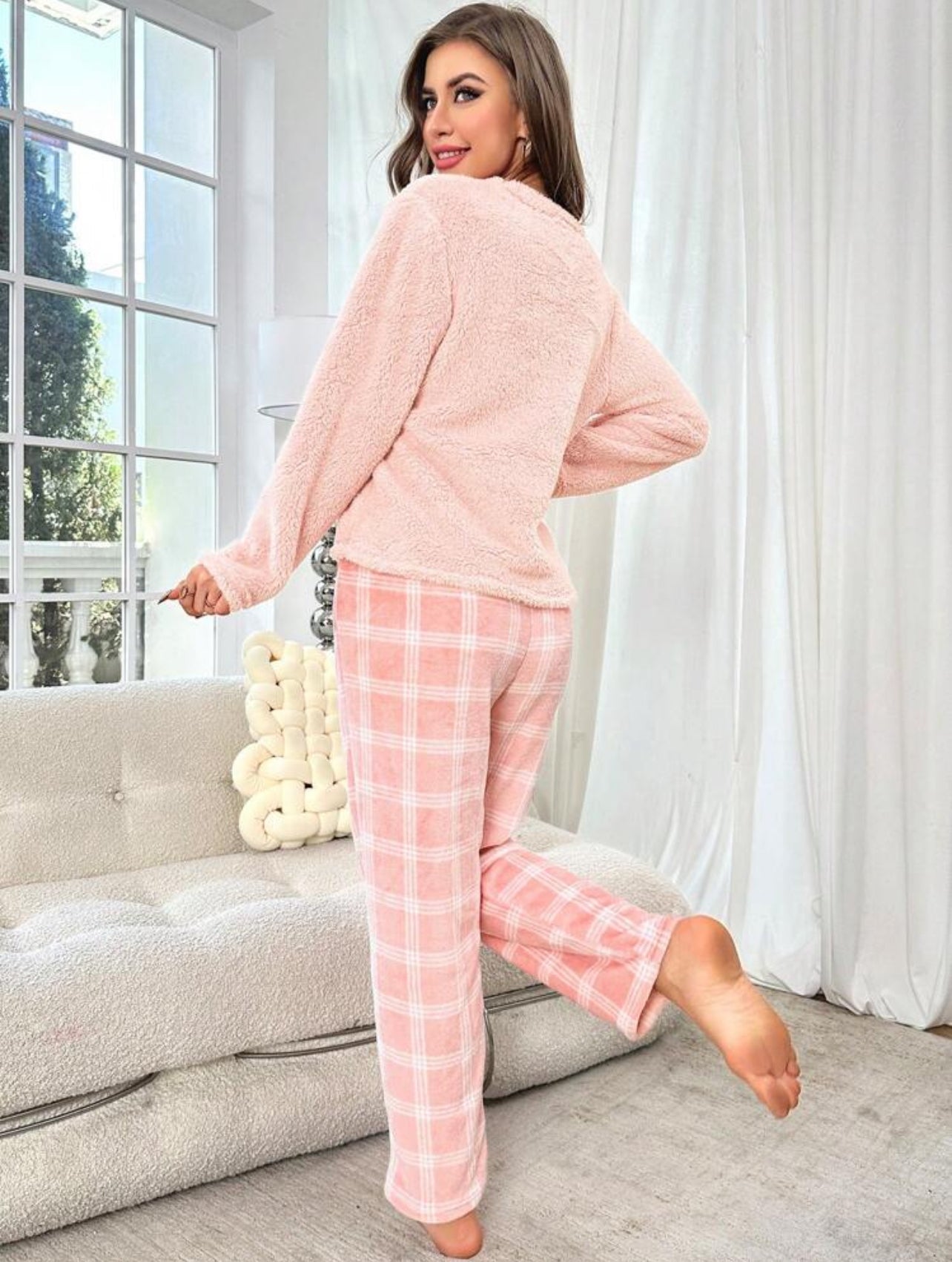 Plush Solid Color Long Sleeve Top and Plaid Pants Pajama Set