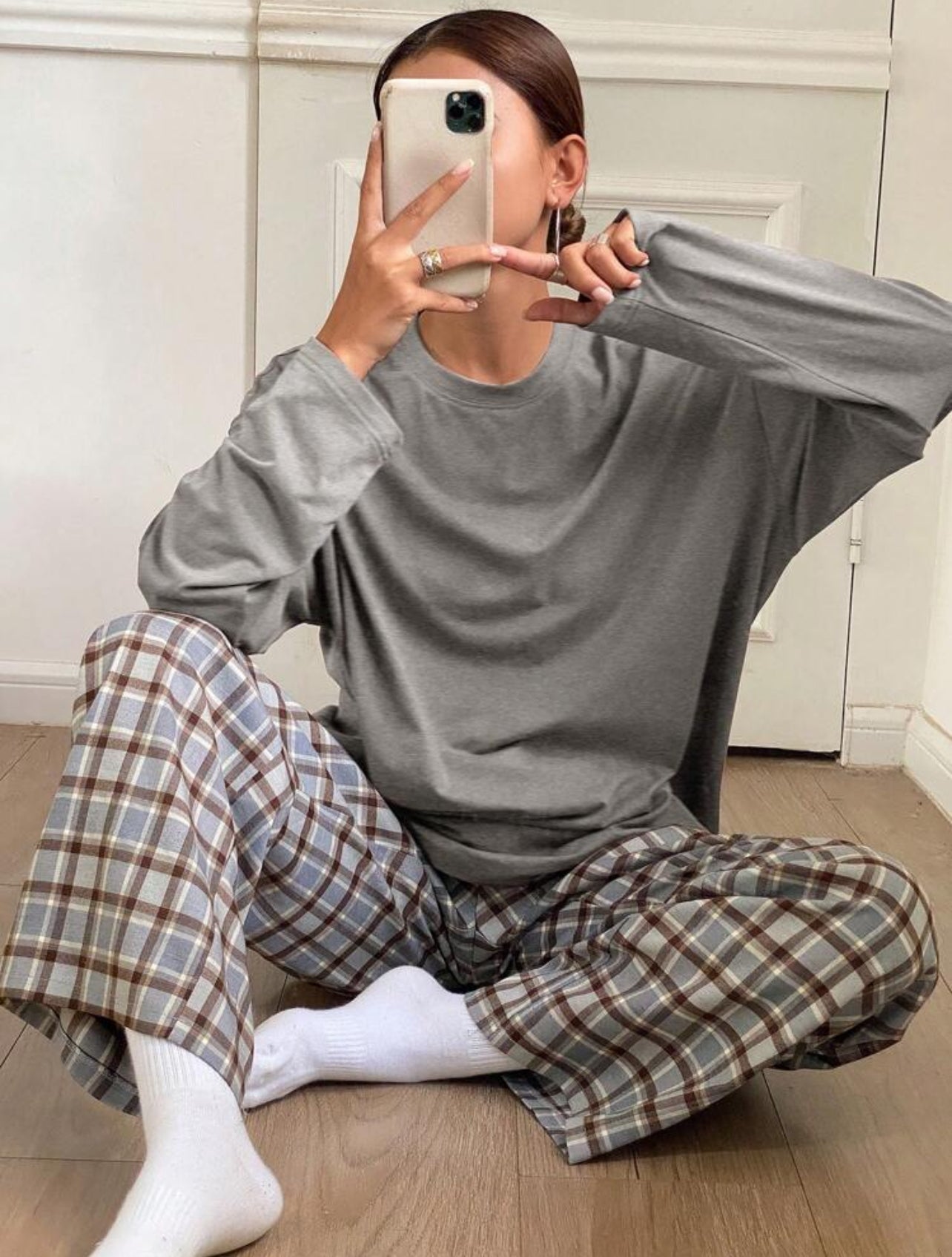 2 Piece Plaid Pants and Solid Top Pajama Lounge Set