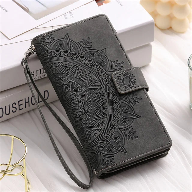 Luxury Leather Embossed Card Slots Zipper Wallet Case for Sumsung