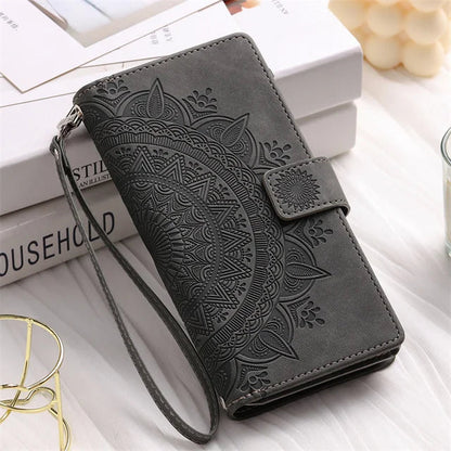 Luxury Leather Embossed Card Slots Zipper Wallet Case for Sumsung