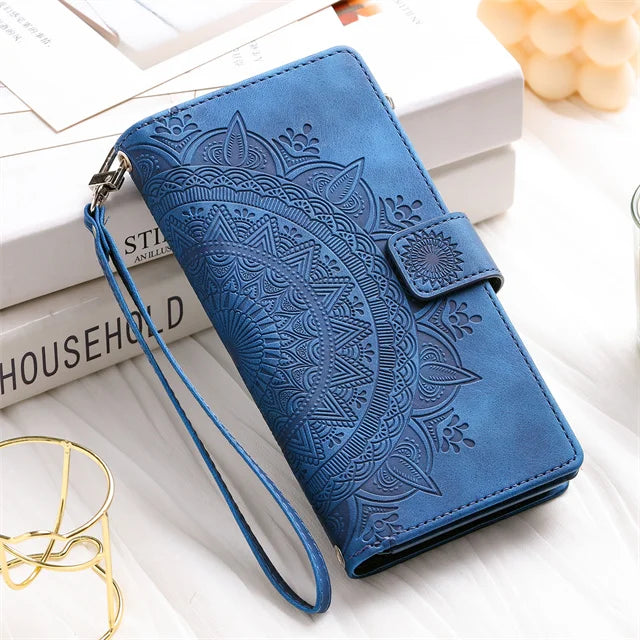 Luxury Leather Embossed Card Slots Zipper Wallet Case for Sumsung