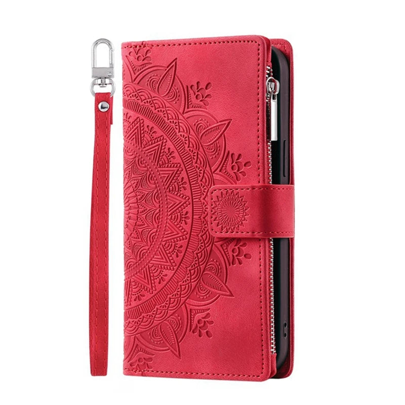 Luxury Leather Embossed Card Slots Zipper Wallet Case for iPhone