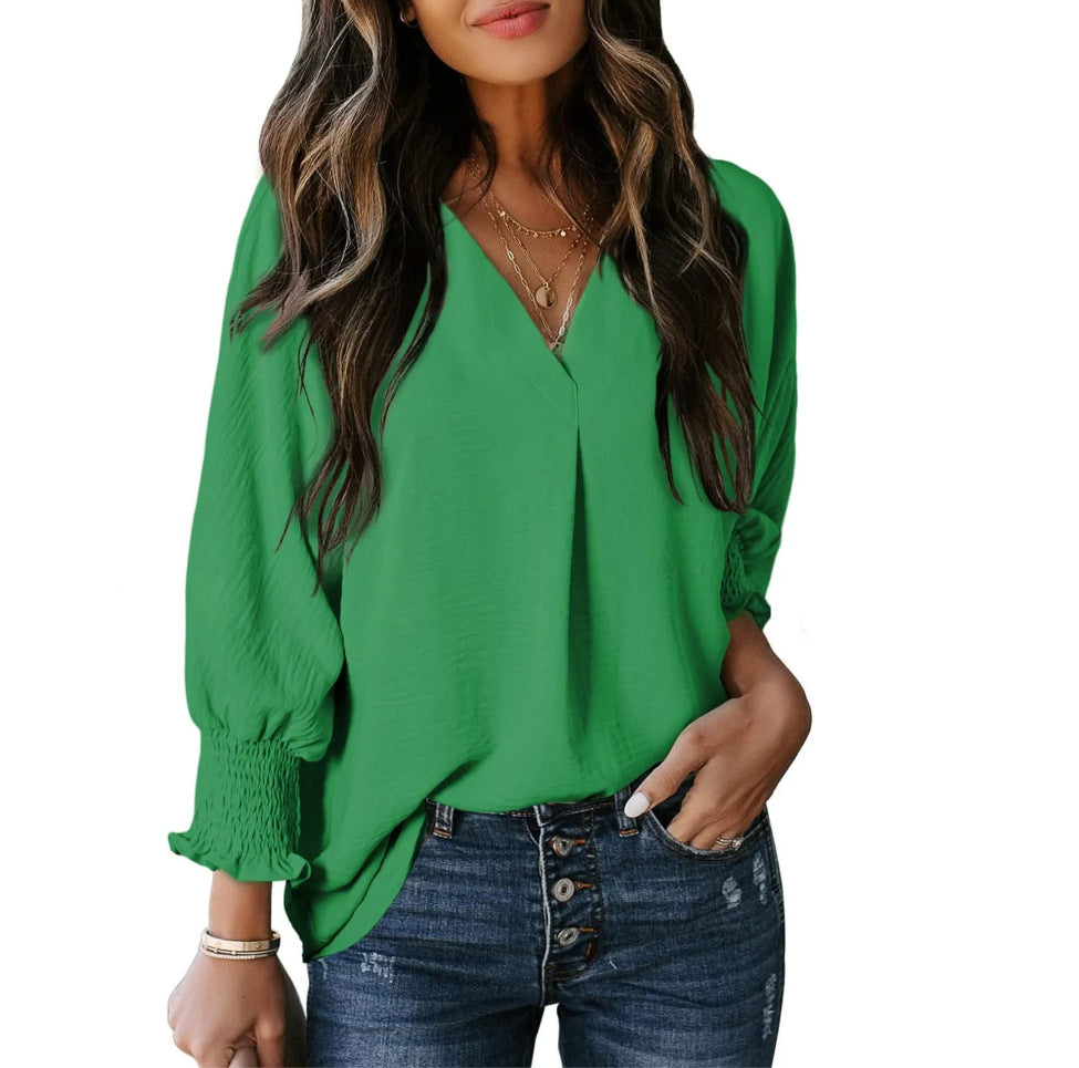 Women's Tight Loose Top V Neck Casual Loose Cropped Sleeve Shirt