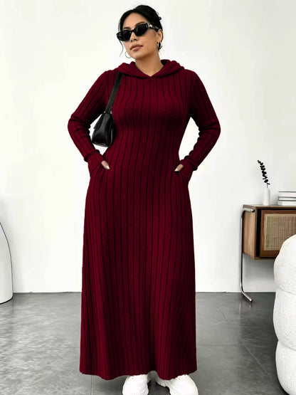Textured Comfort | Women's Ribbed-Knit Hooded Maxi Dress with Pockets