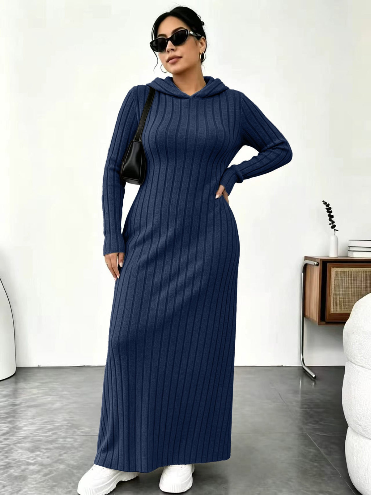 Textured Comfort | Women's Ribbed-Knit Hooded Maxi Dress with Pockets