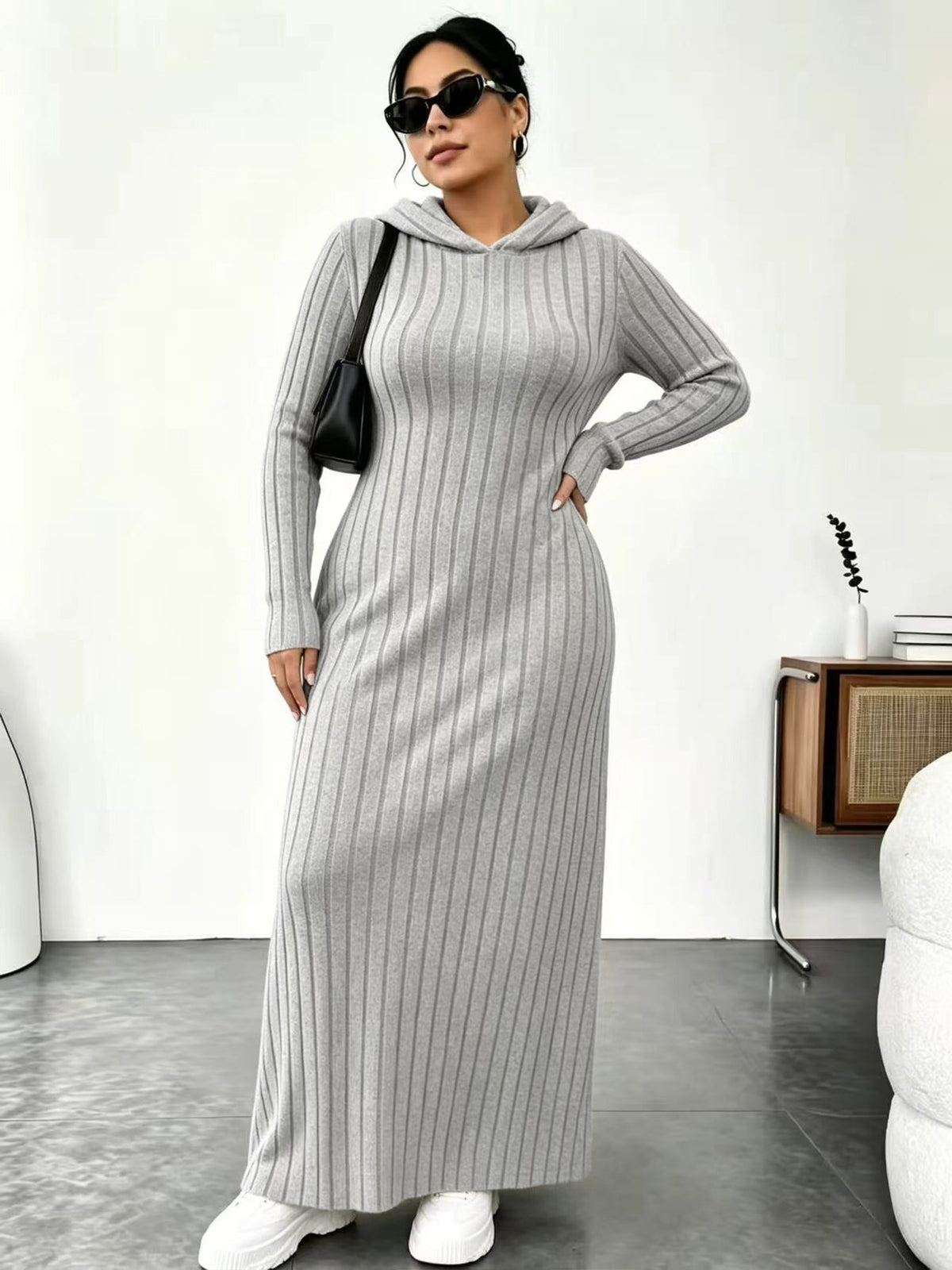 Textured Comfort | Women's Ribbed-Knit Hooded Maxi Dress with Pockets