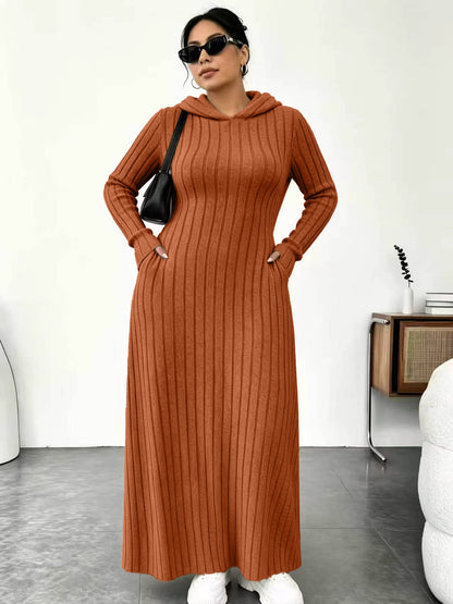 Textured Comfort | Women's Ribbed-Knit Hooded Maxi Dress with Pockets