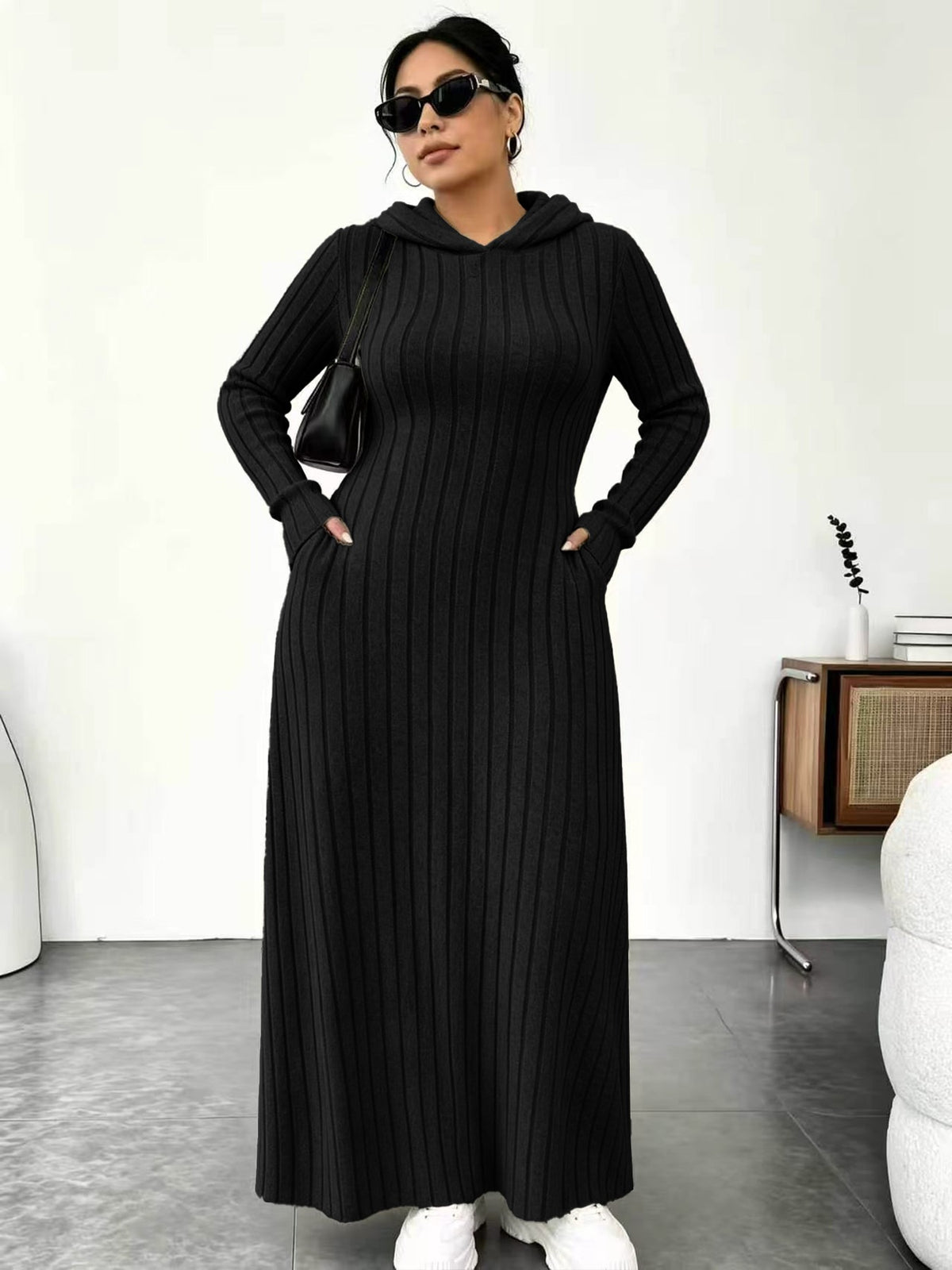 Textured Comfort | Women's Ribbed-Knit Hooded Maxi Dress with Pockets