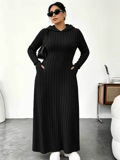 Textured Comfort | Women's Ribbed-Knit Hooded Maxi Dress with Pockets