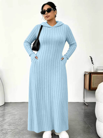 Textured Comfort | Women's Ribbed-Knit Hooded Maxi Dress with Pockets