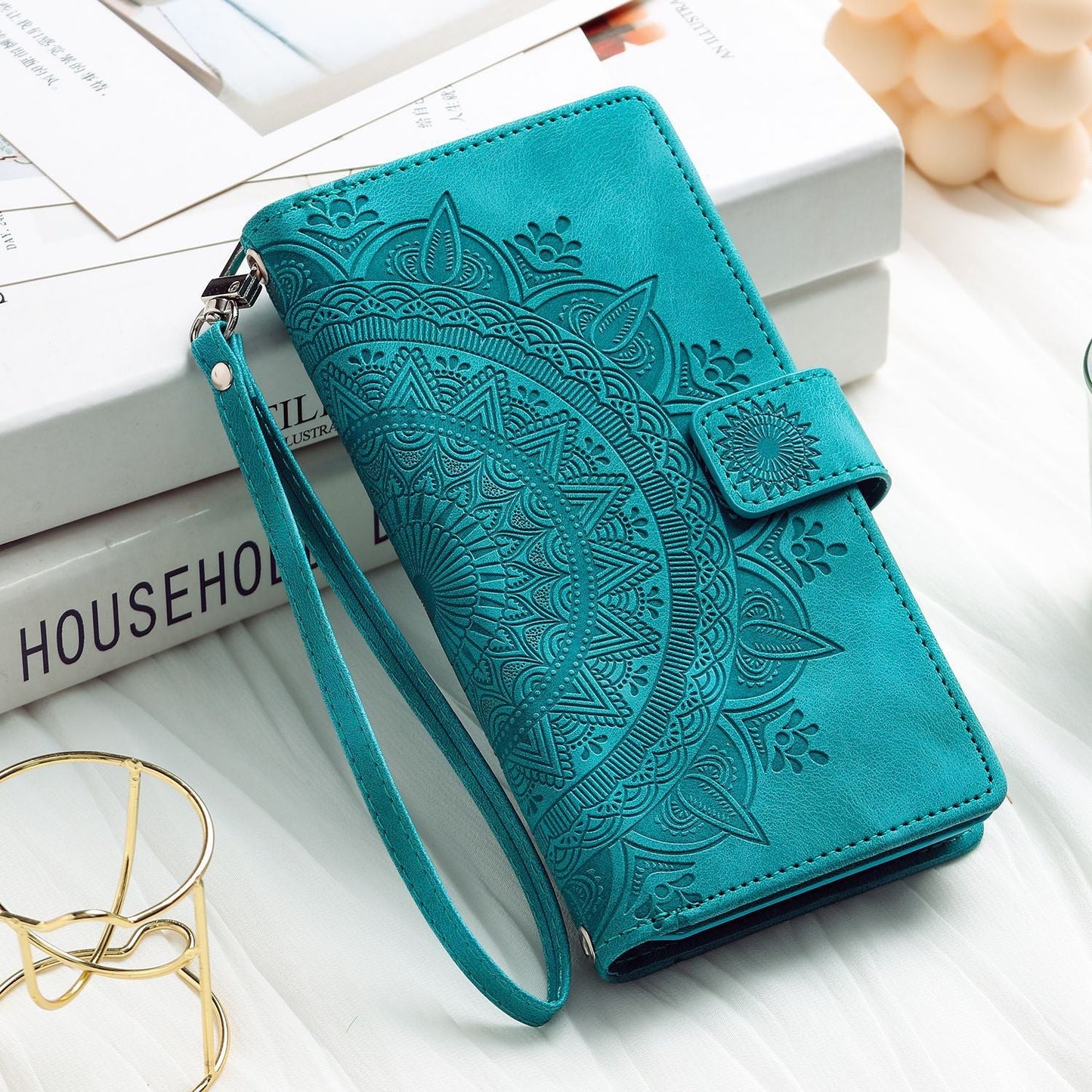 Luxury Leather Embossed Card Slots Zipper Wallet Case for iPhone
